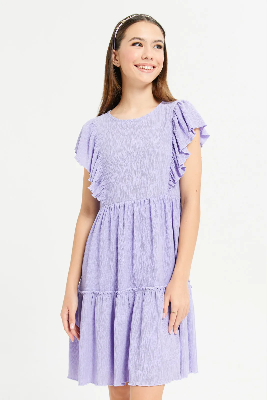 Senior Girls Purple Ruffled Sleeve Tiered Dress