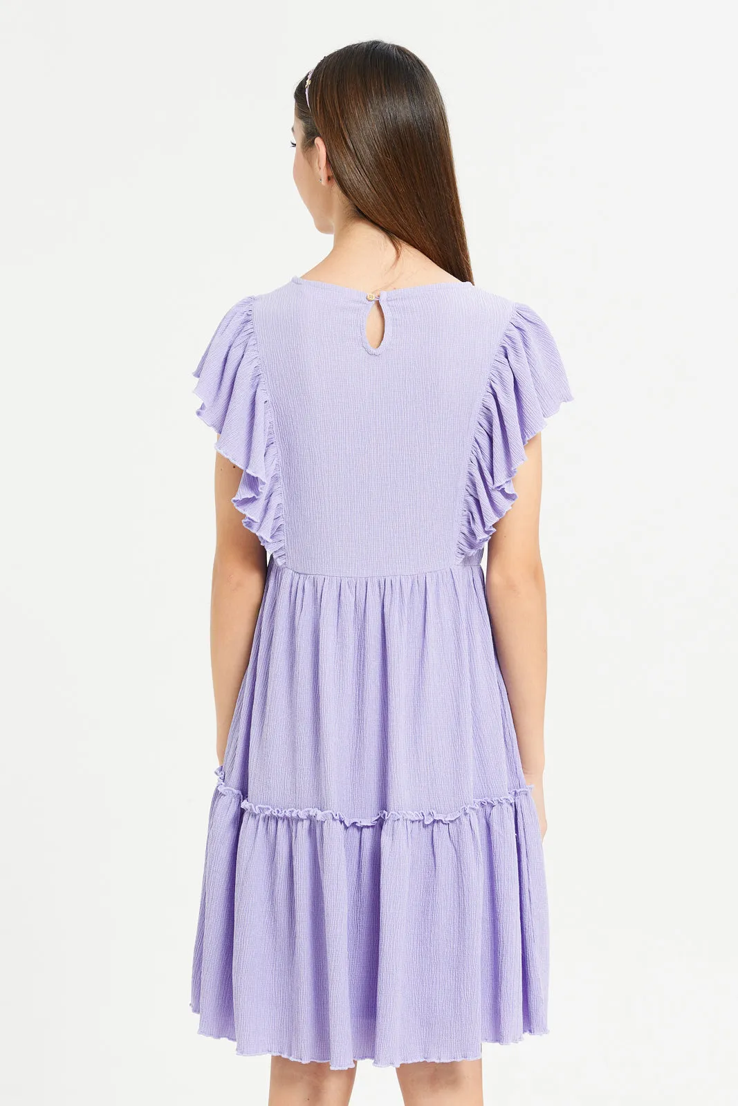 Senior Girls Purple Ruffled Sleeve Tiered Dress