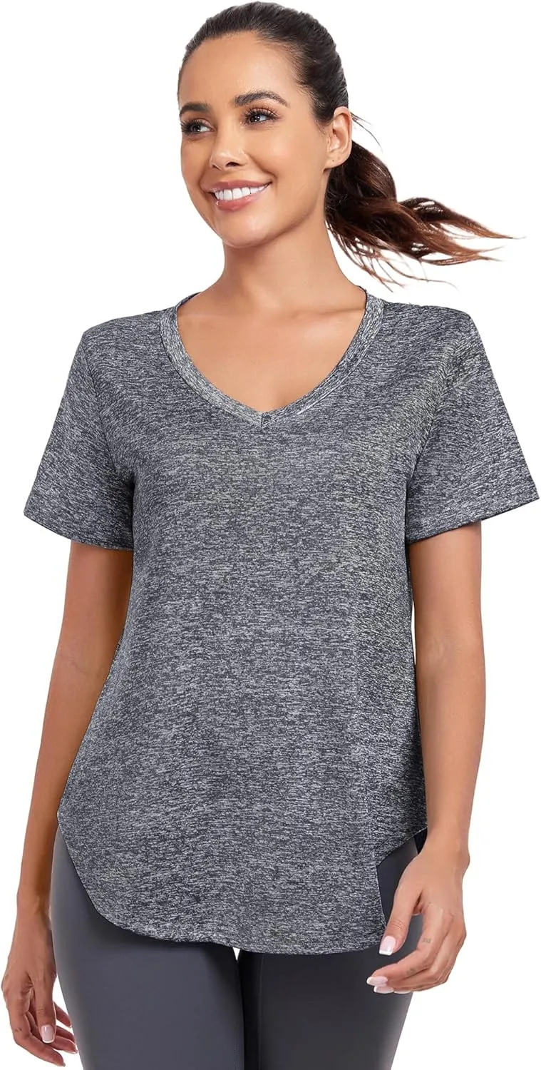 Short Sleeve Workout Shirts Women Loose Fit, V-Neck Women Exercise T-Shirt Workout Top, Dry Fit Yoga Gym Sport Tops