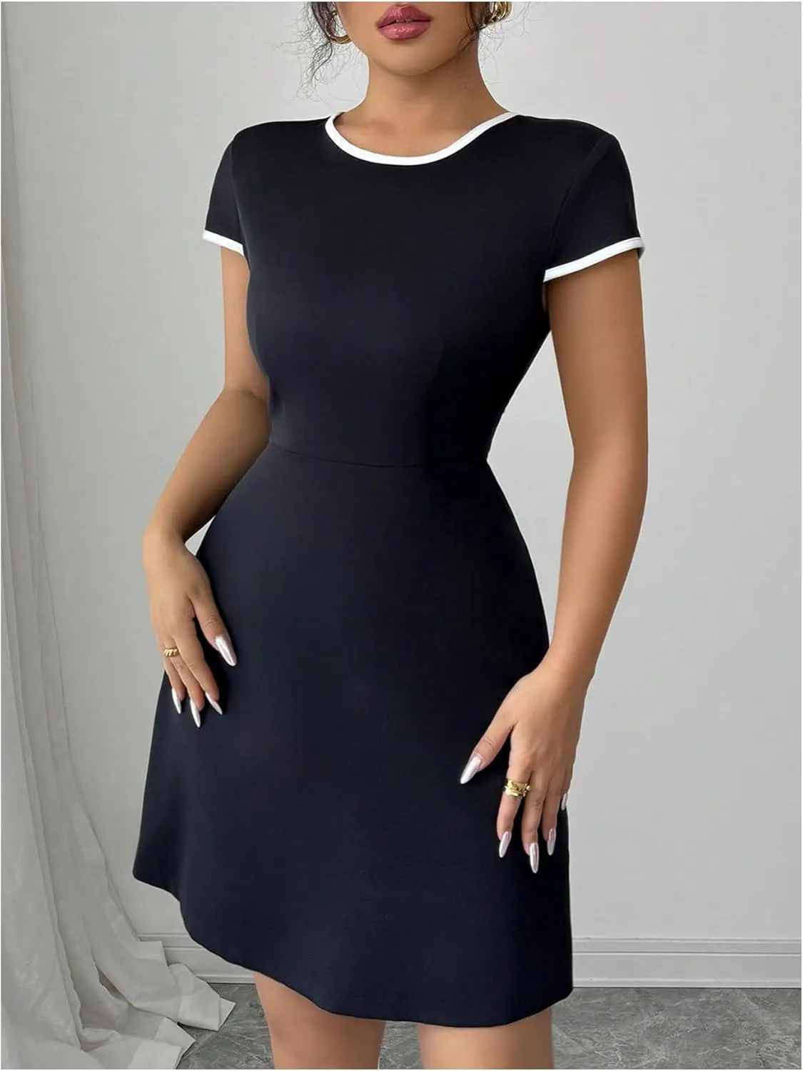 SOLY HUX Women's Bow Tie Back Dress Crew Neck Cap Sleeve A Line Short Party Dresses