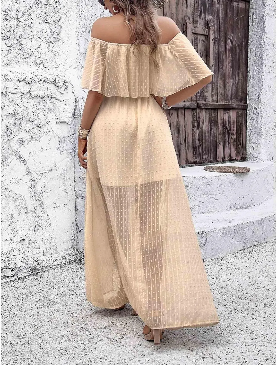 SOMTHRON Women's Boho Off Shoulder Maxi Dress Swiss Dot Ruffle Side Slit A Line Flowy Beach Vacation Long Sundress