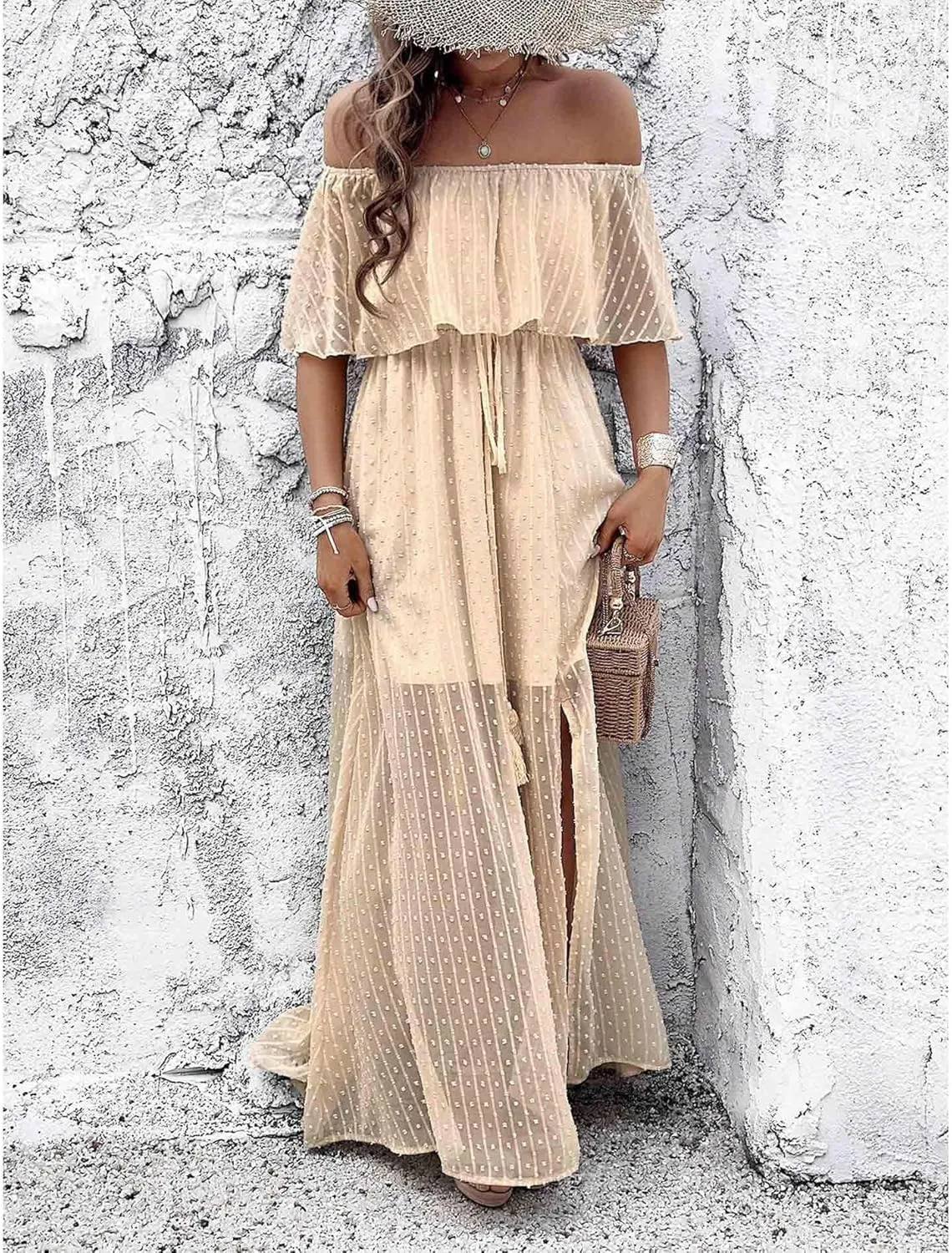 SOMTHRON Women's Boho Off Shoulder Maxi Dress Swiss Dot Ruffle Side Slit A Line Flowy Beach Vacation Long Sundress