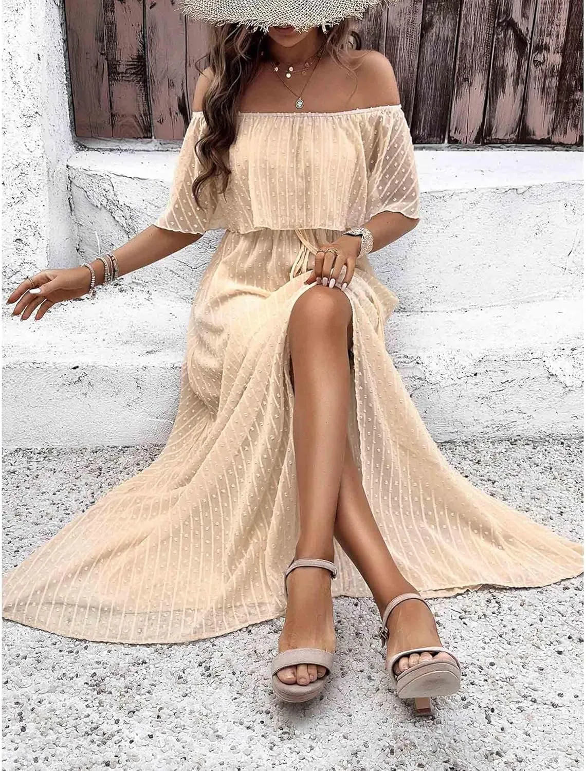 SOMTHRON Women's Boho Off Shoulder Maxi Dress Swiss Dot Ruffle Side Slit A Line Flowy Beach Vacation Long Sundress
