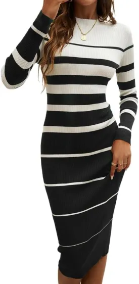 Sumleno 2025 Women's Fashion Striped Dress Long Sleeve Crew Neck Bodycon Midi Ribbed Knit Slim Fit Sweater Dress