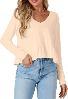 Vrtige Women's Casual V Neck Long Sleeve Peplum Ruffle Hem Babydoll Blouse Shirt Crop Top