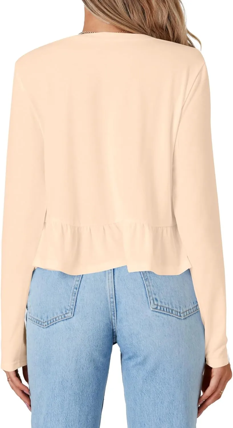 Vrtige Women's Casual V Neck Long Sleeve Peplum Ruffle Hem Babydoll Blouse Shirt Crop Top