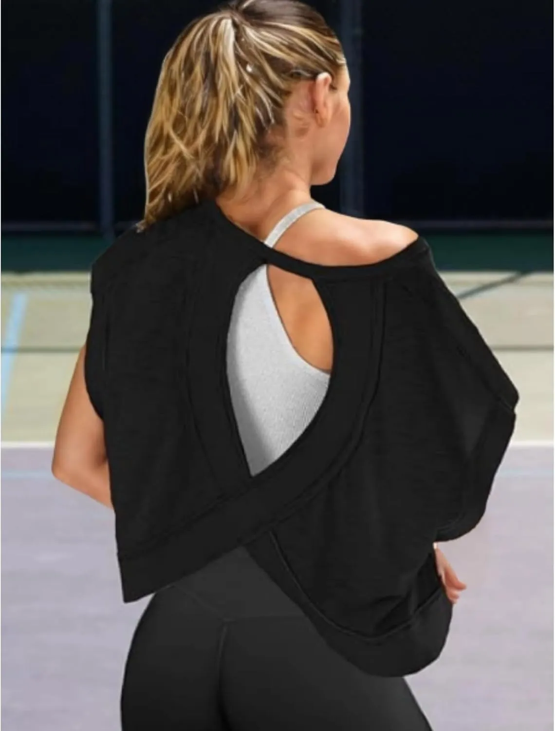 Womens Open Back Workout Tops Short Sleeve Y2k Yoga Shirts Athletic Gym Slouchy Crop Top Casual Backless Running Tees