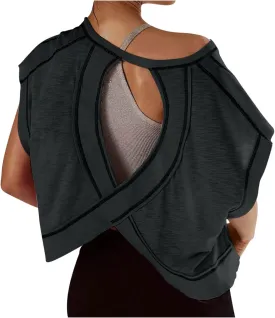 Womens Open Back Workout Tops Short Sleeve Y2k Yoga Shirts Athletic Gym Slouchy Crop Top Casual Backless Running Tees