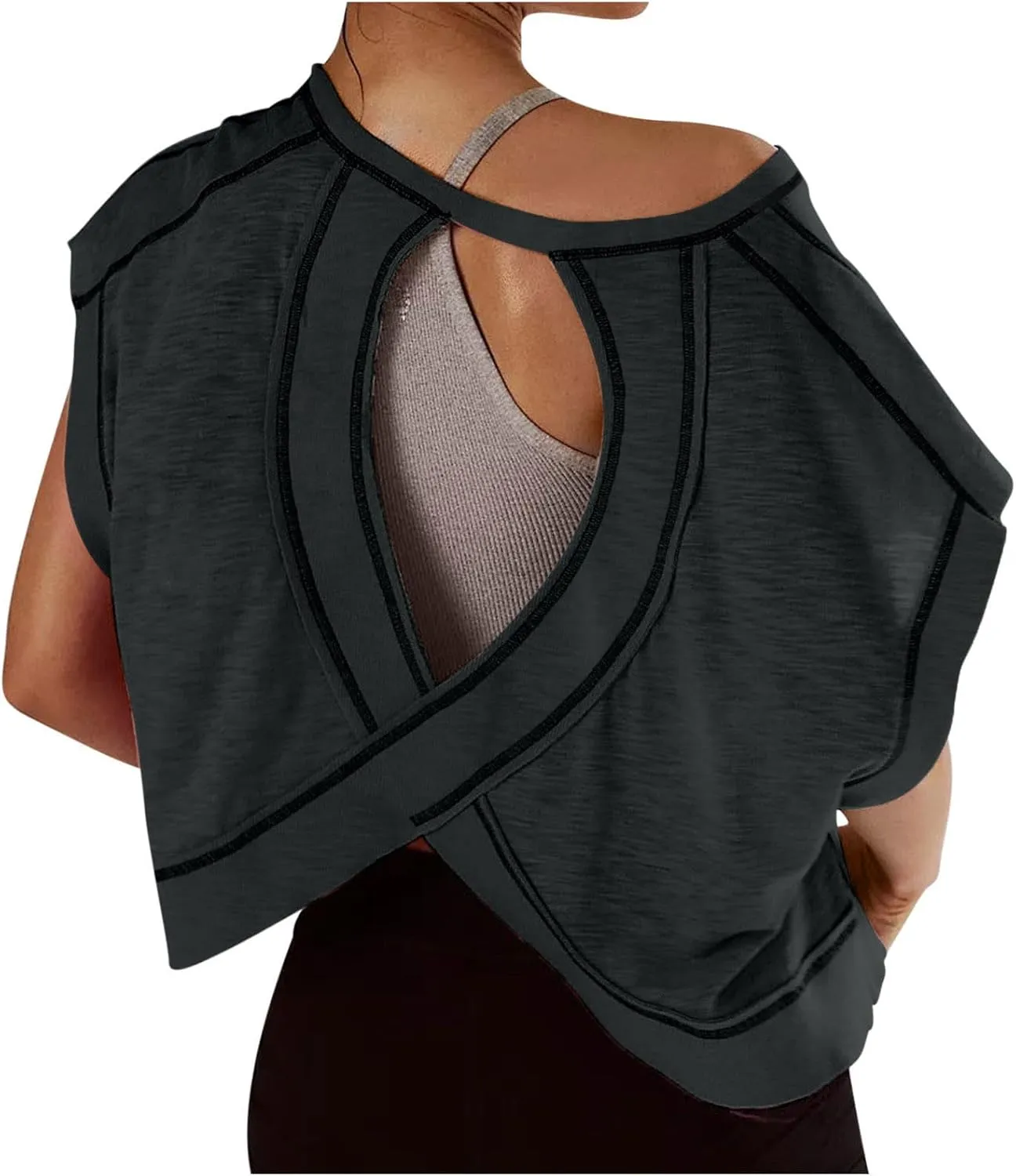 Womens Open Back Workout Tops Short Sleeve Y2k Yoga Shirts Athletic Gym Slouchy Crop Top Casual Backless Running Tees