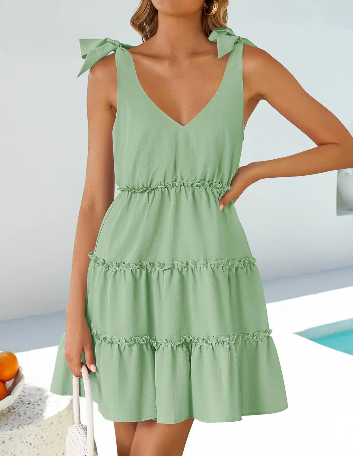 ZESICA Womens 2025 Summer Casual V Neck Sleeveless Mini Dress Tie Shoulder Tiered Ruffle Swing A Line Short Sundresses